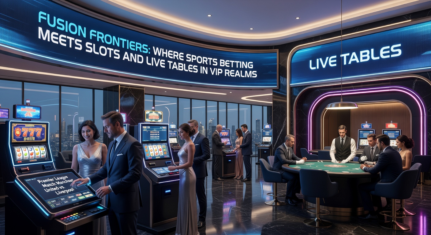 VIP-Lounge-Szene mit simultanen Sportwetten auf großen Bildschirmen, rotierenden Slots und eleganten Live-Tisch-Dealern in einem futuristischen Kasino-Setting