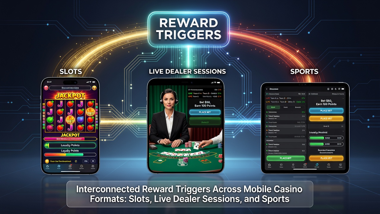Grafik zu Datenflüssen und Belohnungsvernetzungen zwischen mobilen Slots, Live-Dealer und Sportwetten