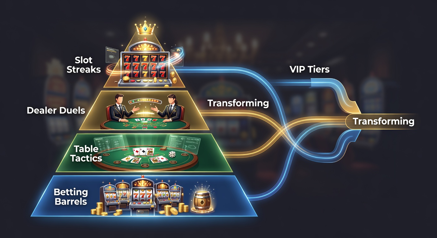 VIP-Spieler an einem exklusiven Live-Tisch mit Dealer, umgeben von Belohnungs-Icons wie Kronen, Münzen und Blitz-Symbolen für Boosts
