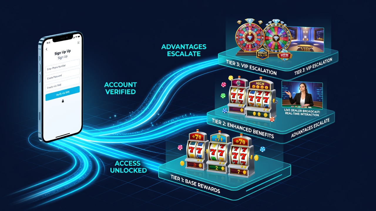 Grafik zu gestaffelten Vorteilen über Slots, Live-Dealer und Sportwetten-Plattformen hinweg